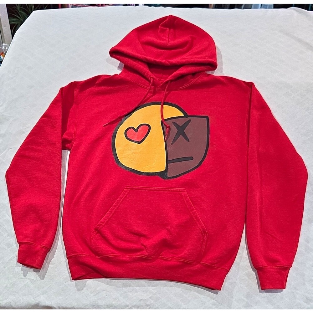 Red Graphic Pullover Hoodie Split Smiley X-Eye Face Men's Size Small Streetwear